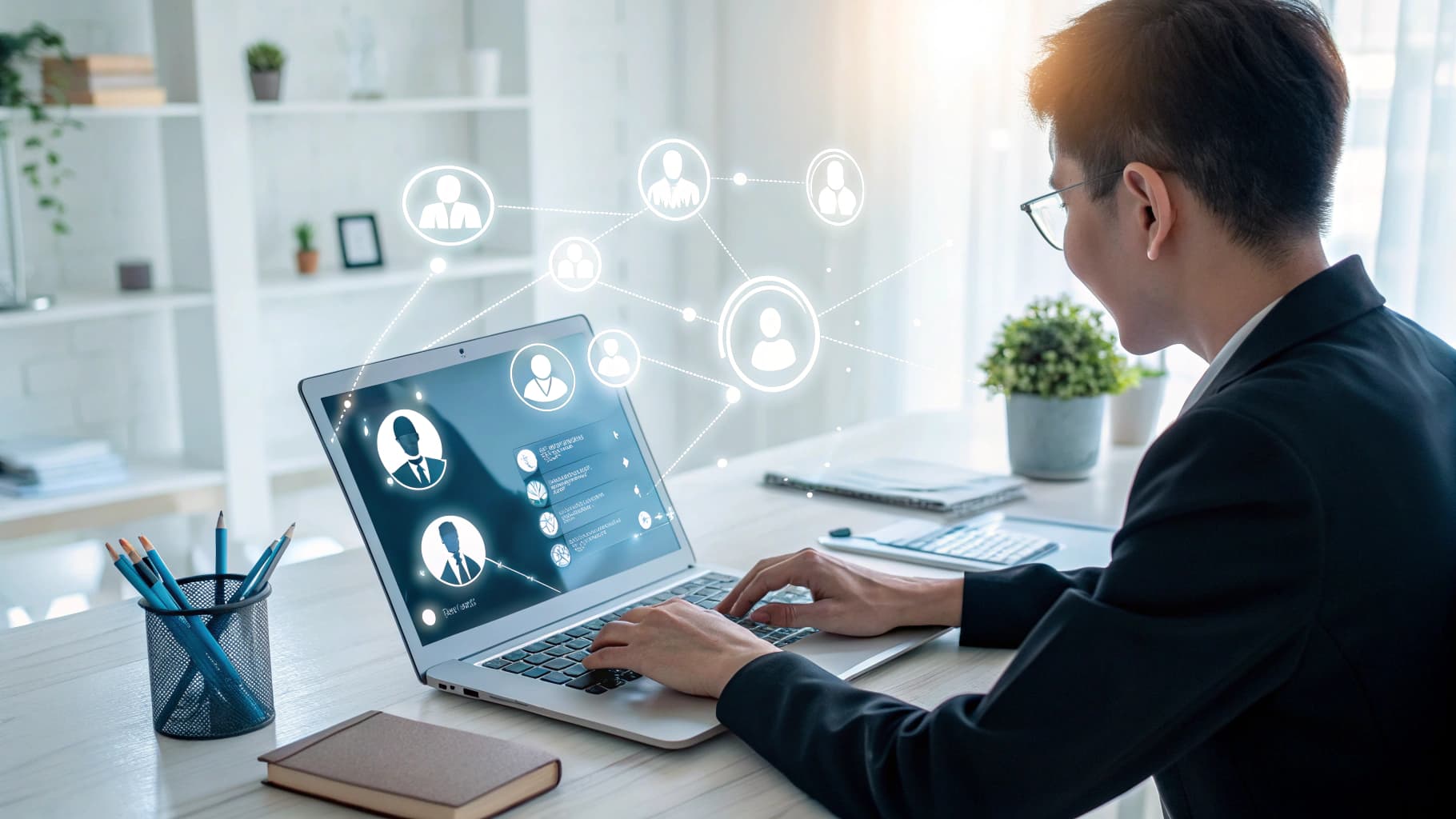 Remote worker at laptop creating professional AI-generated headshots from home office