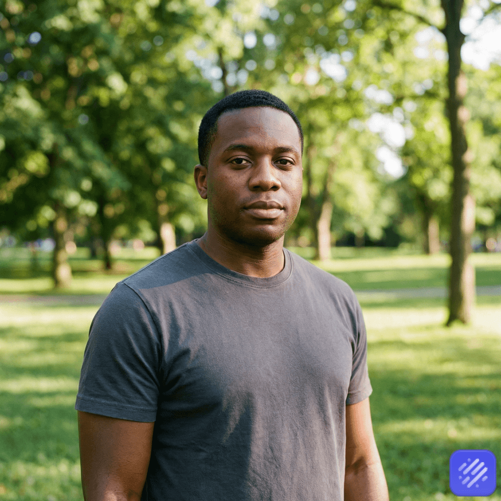 Professional outdoor AI headshot with natural background