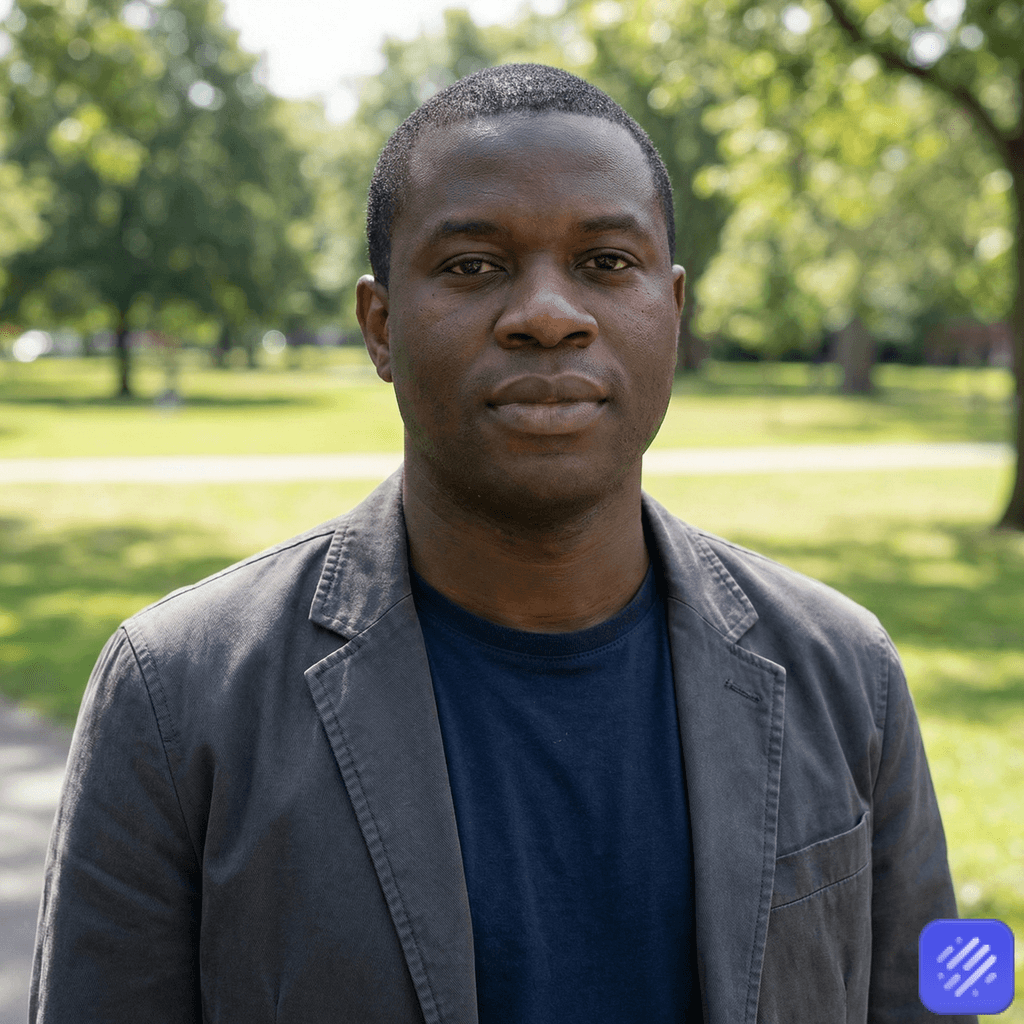 AI-generated casual headshot with outdoor setting