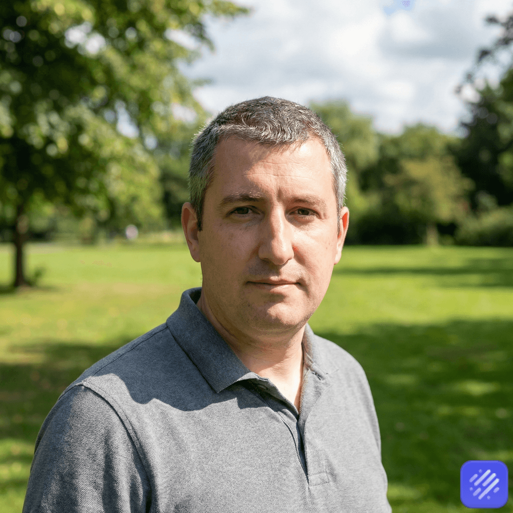 AI-created casual outdoor headshot with consistent team style