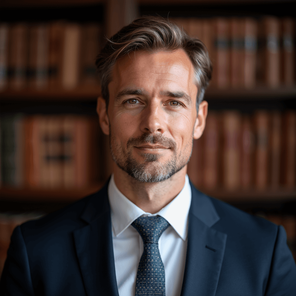 Professional AI headshot with academic office with leather-bound books background background