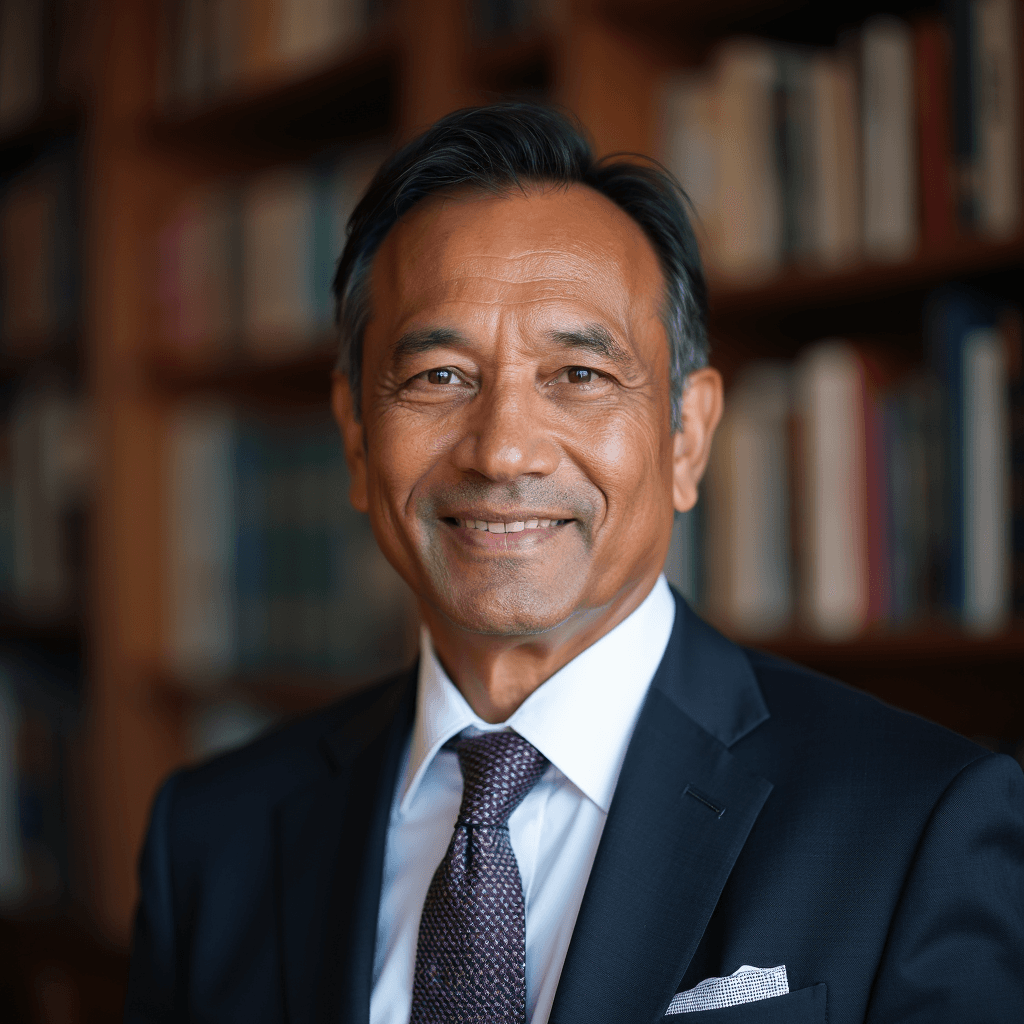 Professional AI headshot with bookshelf with academic books and scholarly atmosphere background