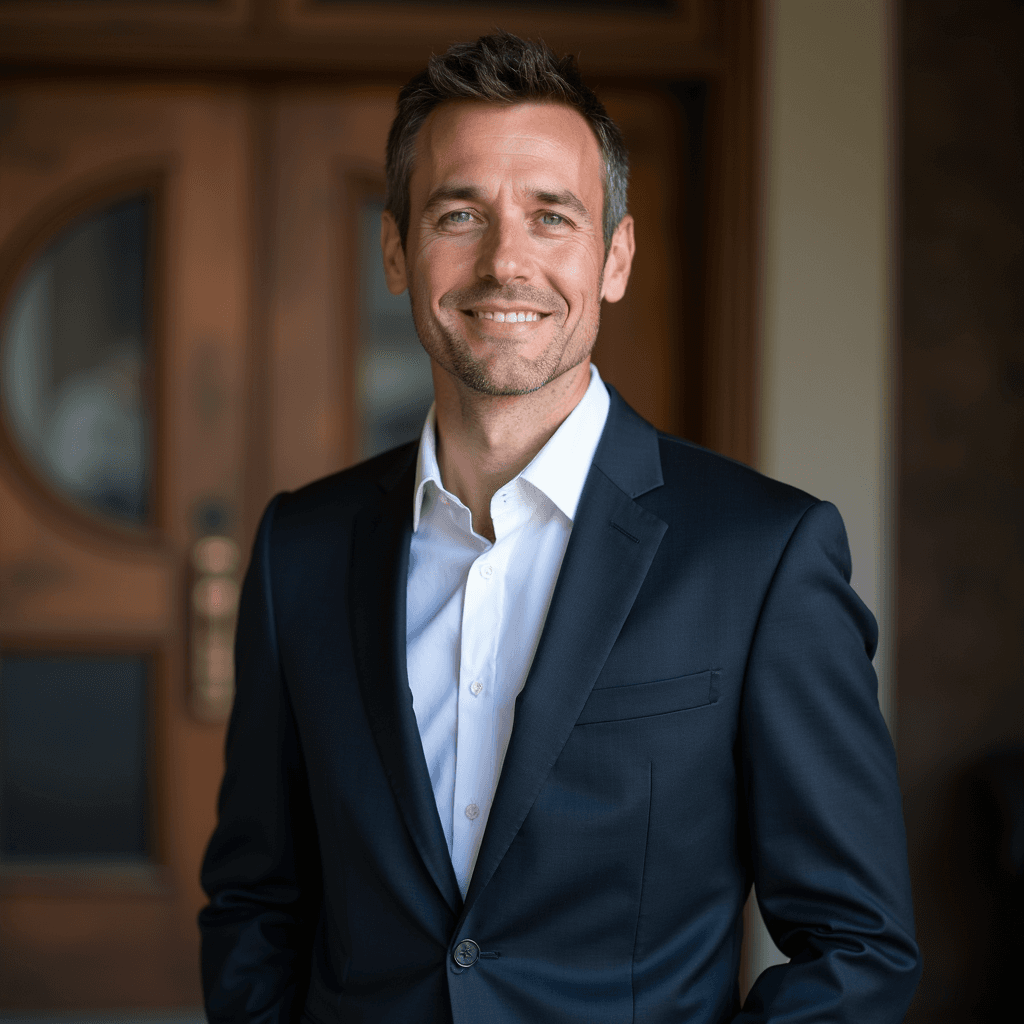 Professional AI headshot with graduation ceremony stage with institutional backdrop background