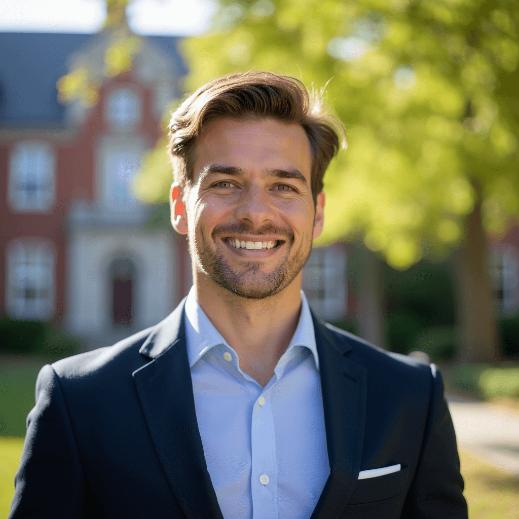 Professional AI headshot with ivy league campus with traditional architecture background