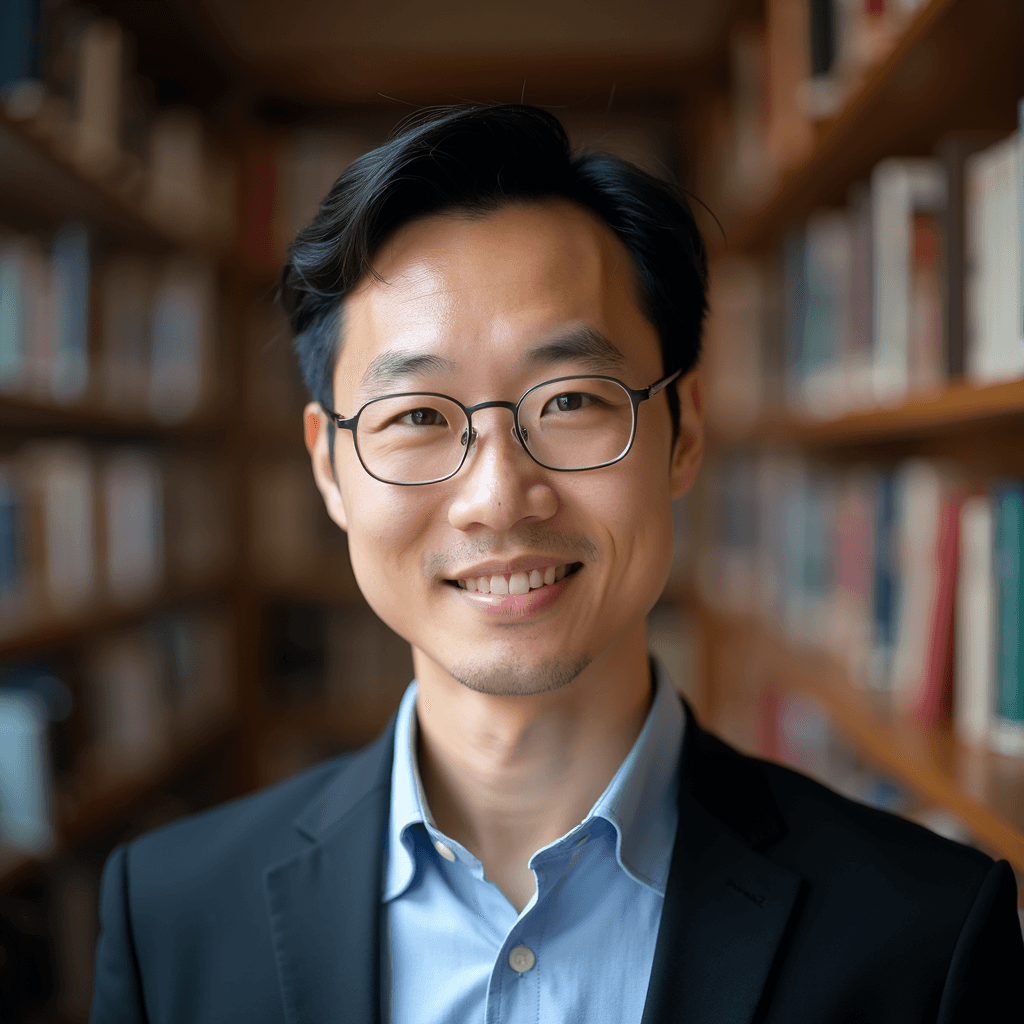 Professional AI headshot with university library with bookshelves in soft focus background
