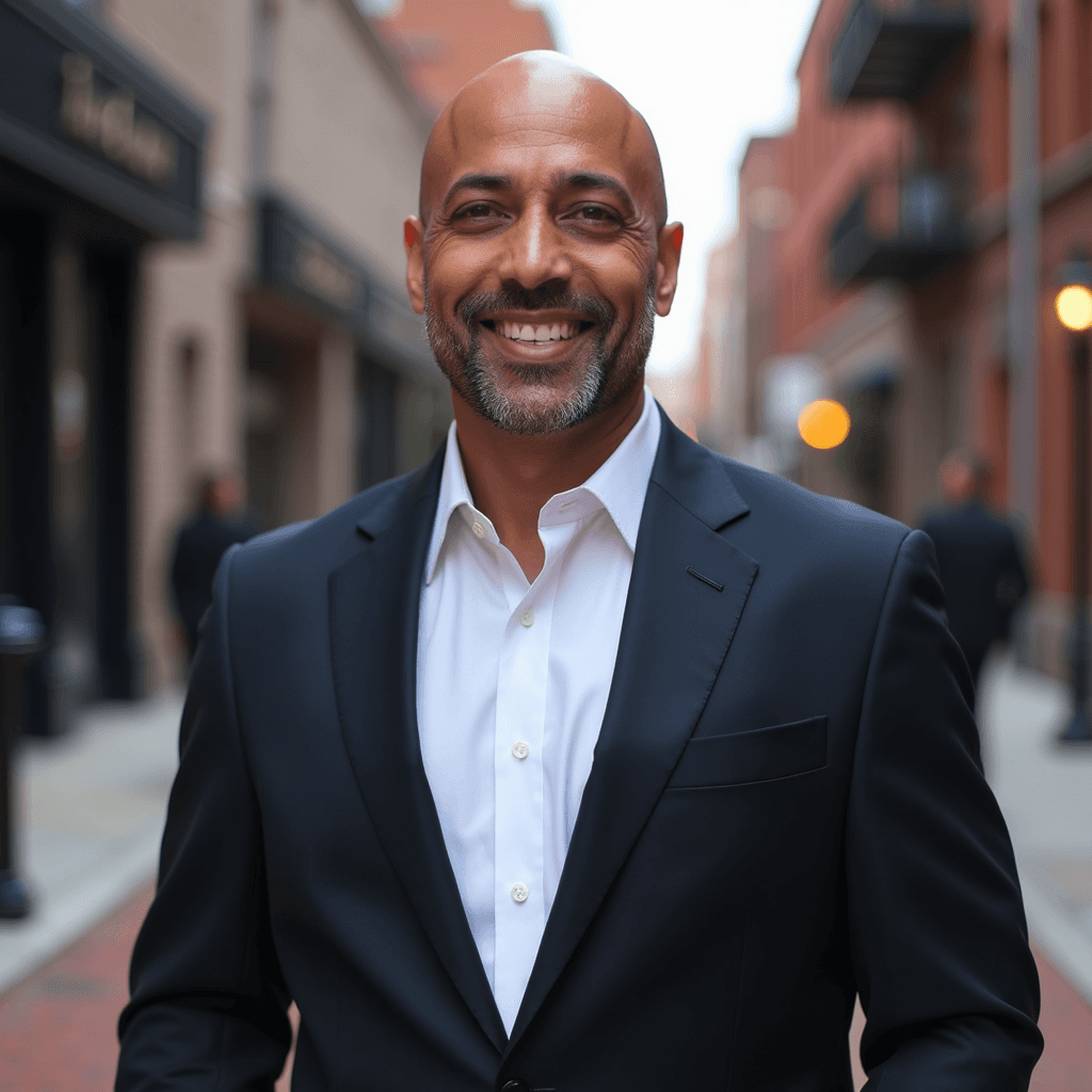 Professional AI headshot with brick street with urban character background