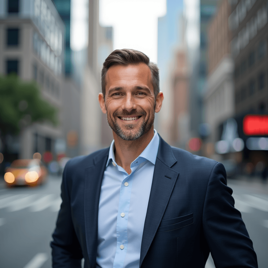 Professional AI headshot with bustling urban street setting with blurred skyscrapers background