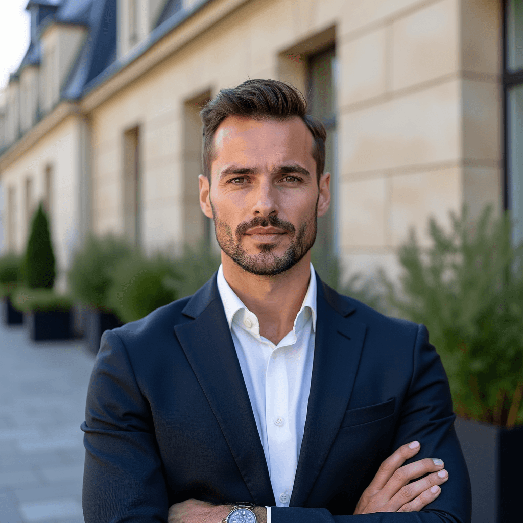 Professional AI headshot with french rooftop terrace with architectural details background