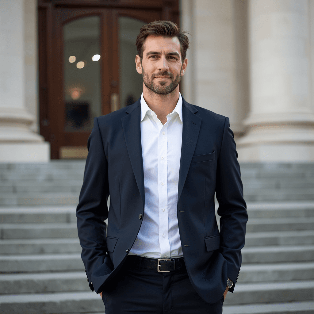 Professional AI headshot with historic courthouse steps with classical columns background