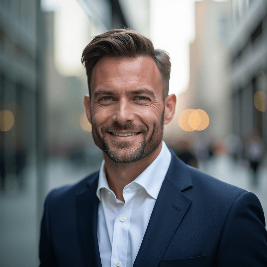 Professional AI headshot with modern architecture with depth of field effect background