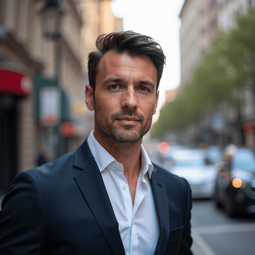 Professional AI headshot with streets with dynamic city atmosphere background