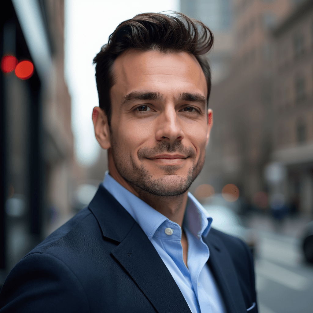 Professional AI headshot with urban elegance setting with sophisticated city backdrop background