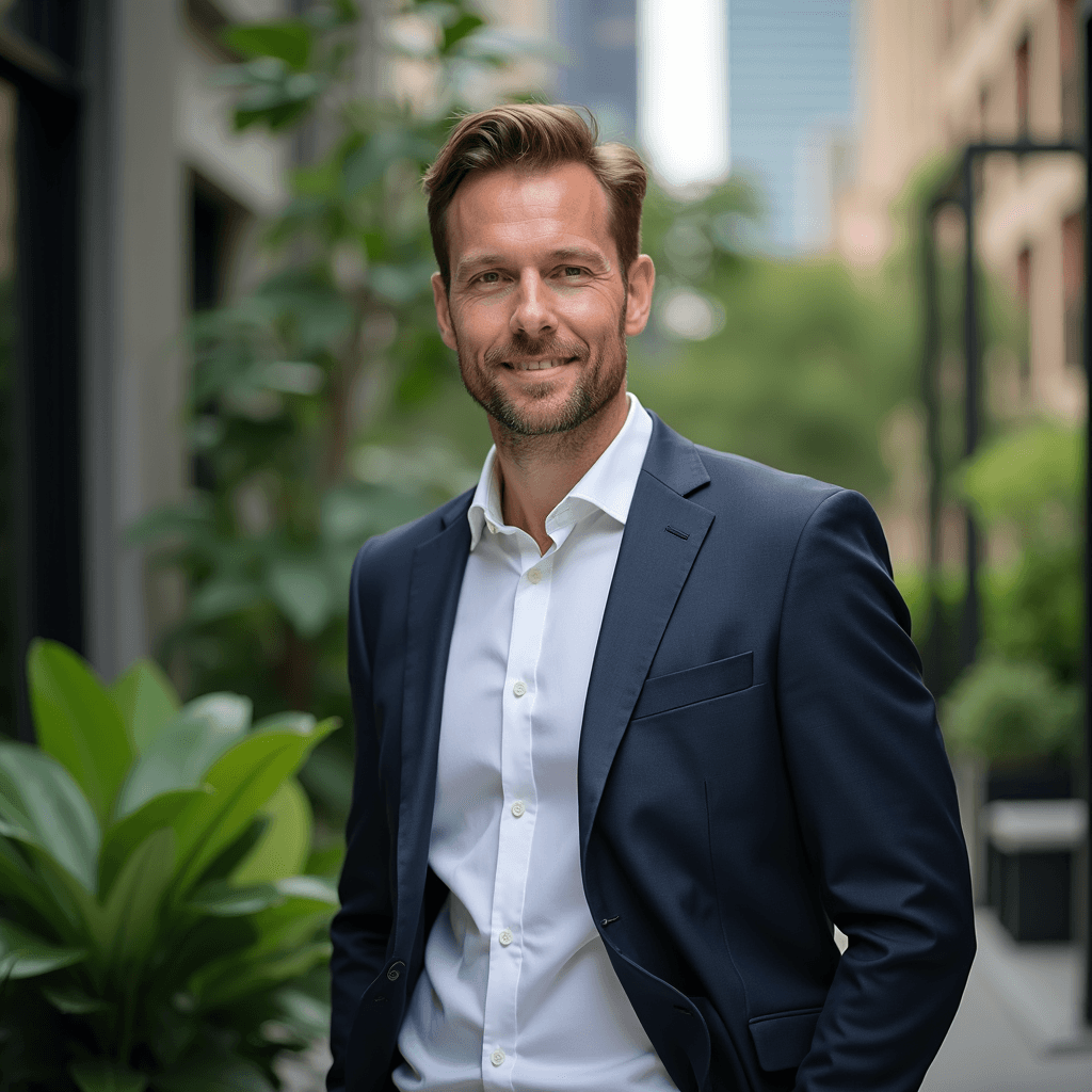 Professional AI headshot with urban oasis with greenery in city setting background