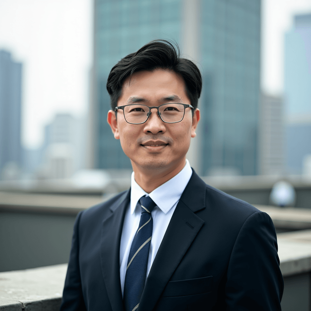 Professional AI headshot with urban rooftop setting with soft natural light background
