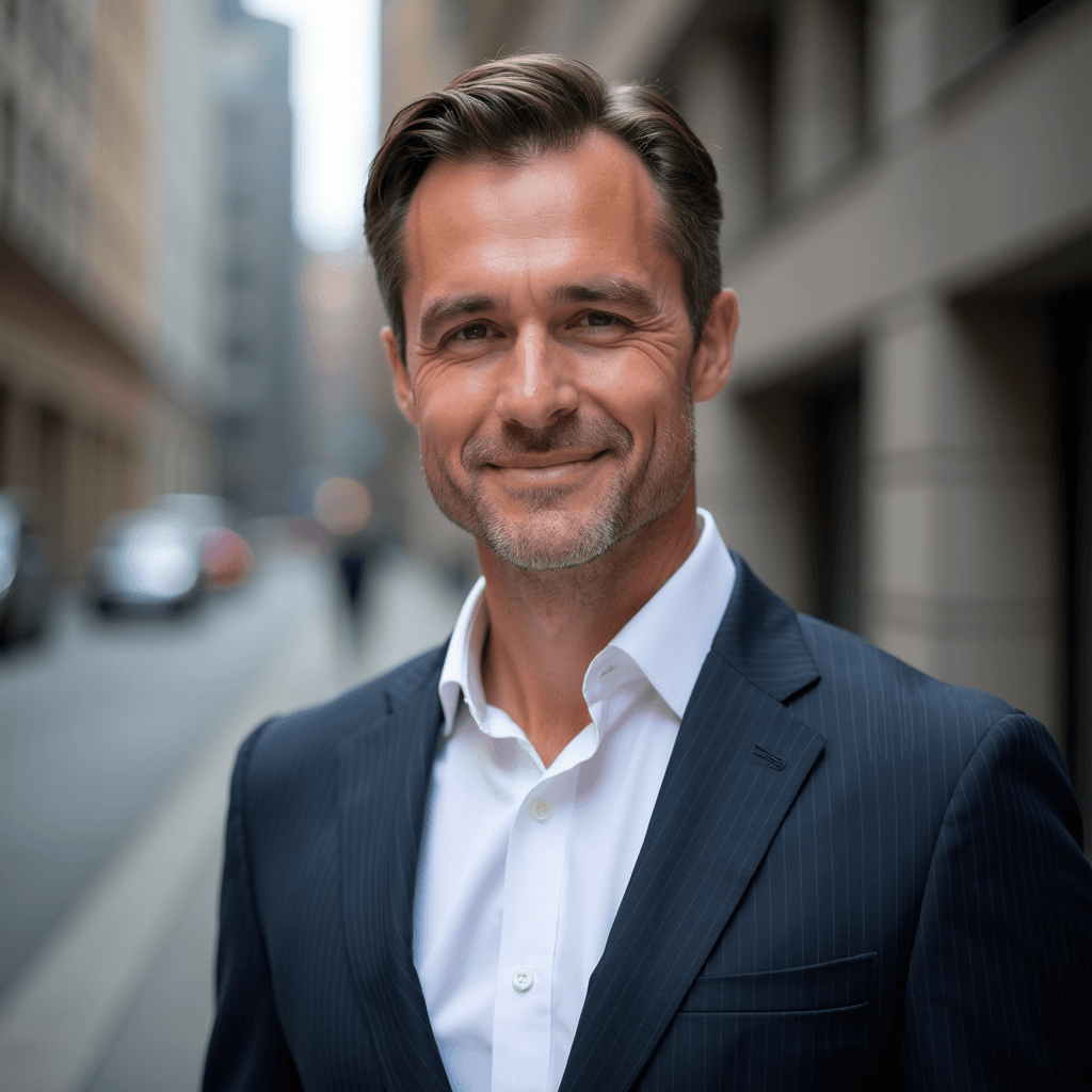 Professional AI headshot with urban setting with architectural elements background