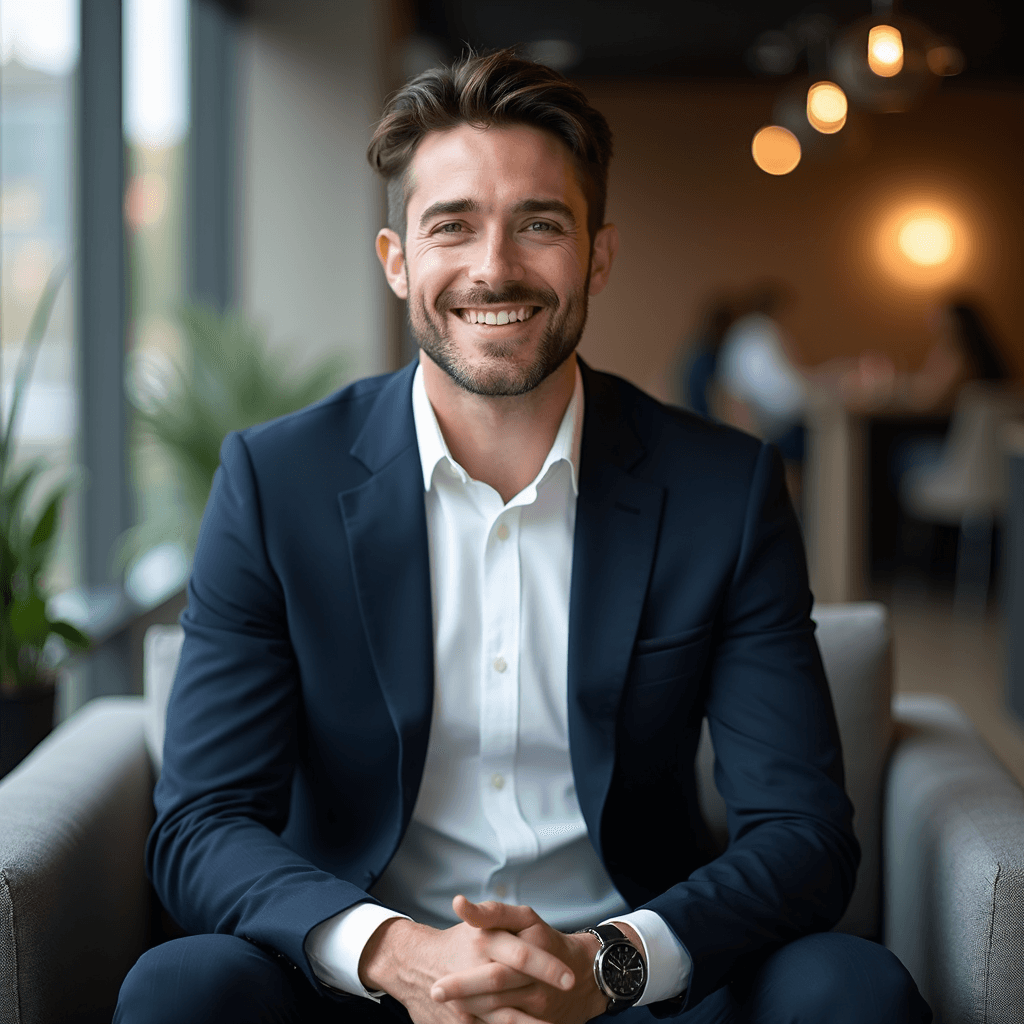 Professional AI headshot with urban sitting area with contemporary design background