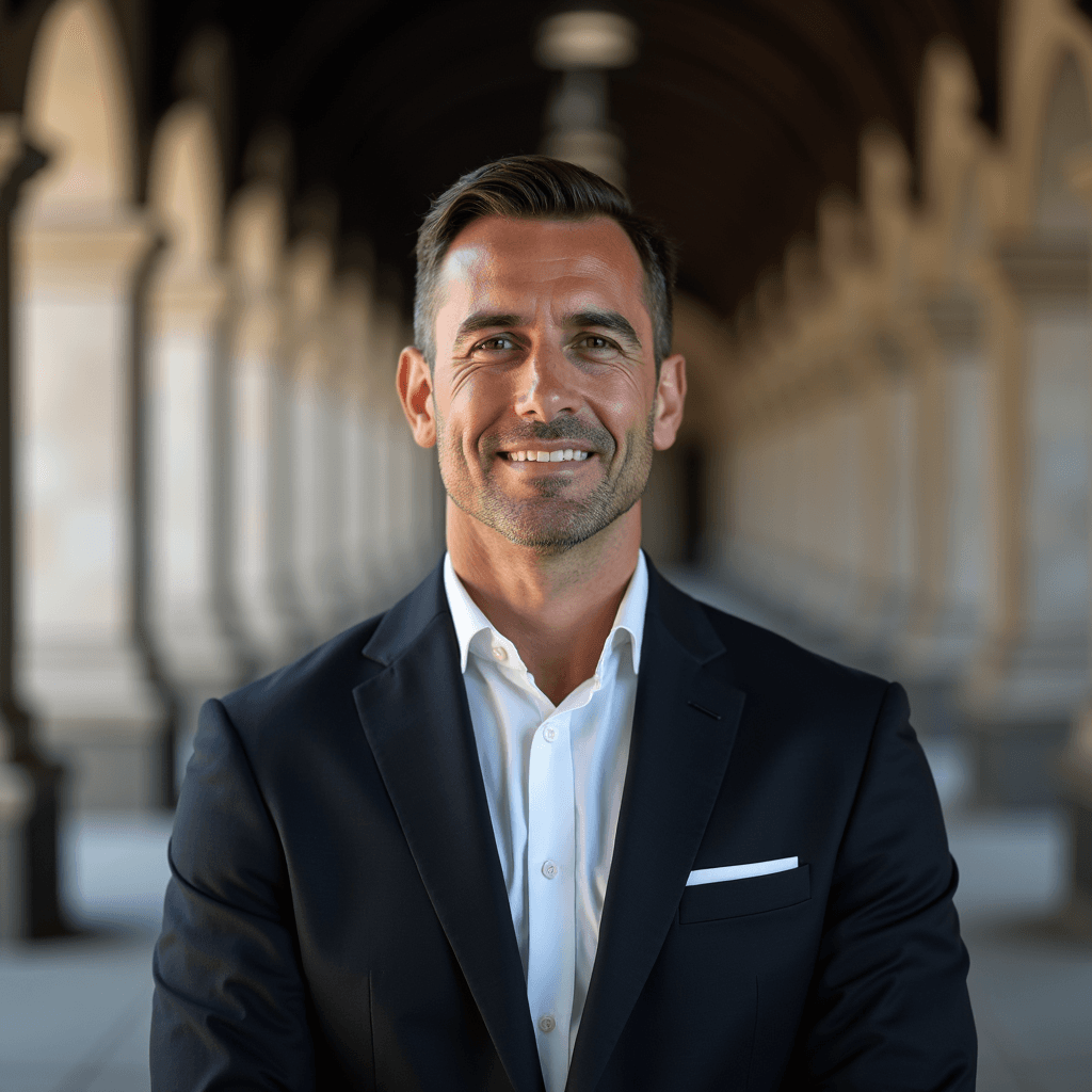 Professional AI headshot with vintage train station with architectural stonework background