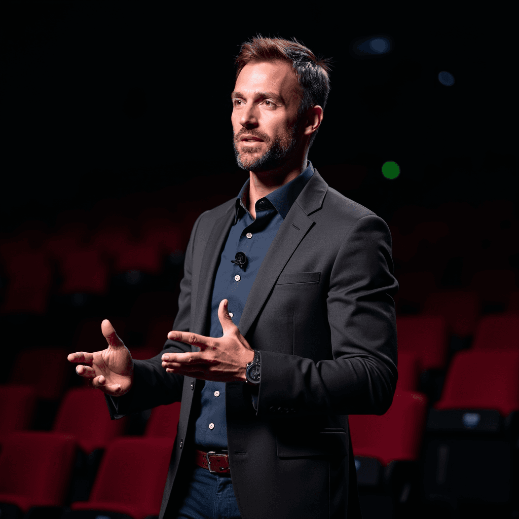 Professional AI headshot with auditorium stage with elegant presentation setup background