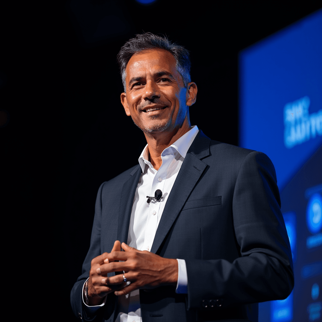 Professional AI headshot with business summit backdrop with professional atmosphere background