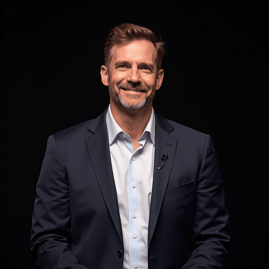 Professional AI headshot with corporate presentation backdrop with executive environment background