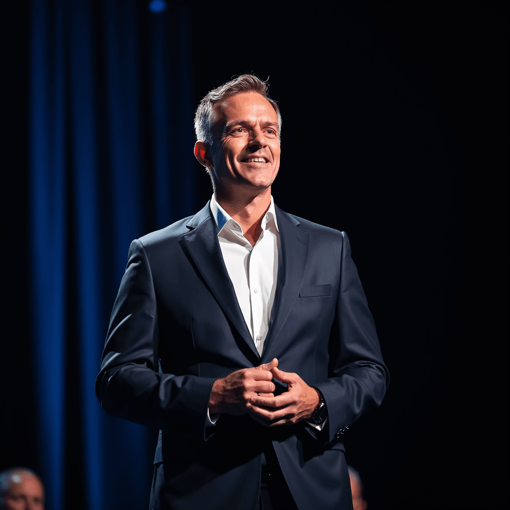 Professional AI headshot with keynote stage with dramatic professional lighting background