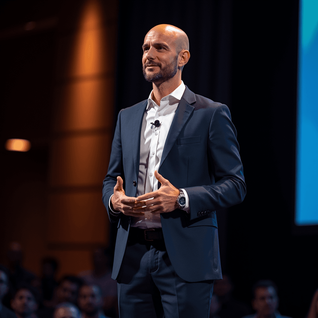Professional AI headshot with modern conference hall with sophisticated ambiance background