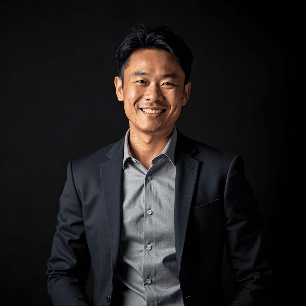 Professional AI headshot with professional speaking backdrop with bright studio lighting background