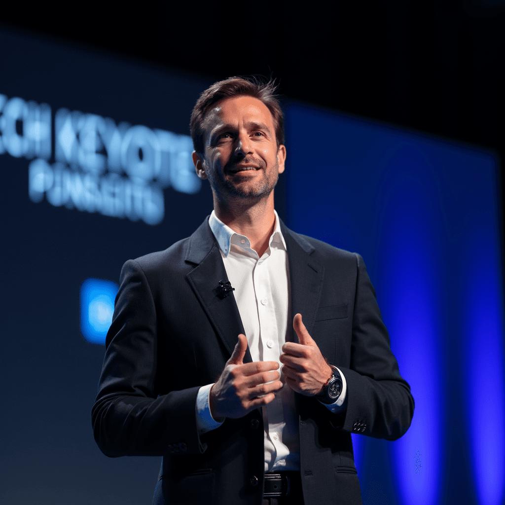 Professional AI headshot with tech conference stage with contemporary design background