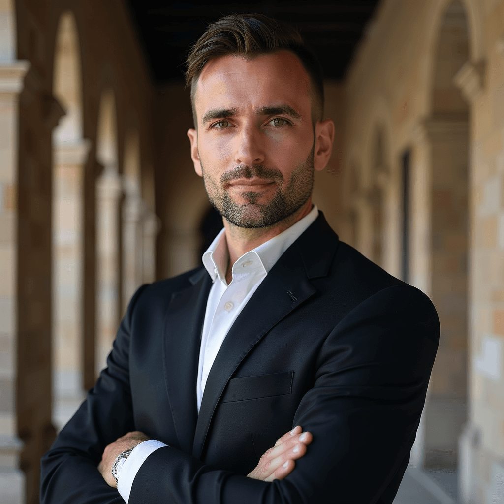 Professional AI headshot with architectural stonework with classical details background