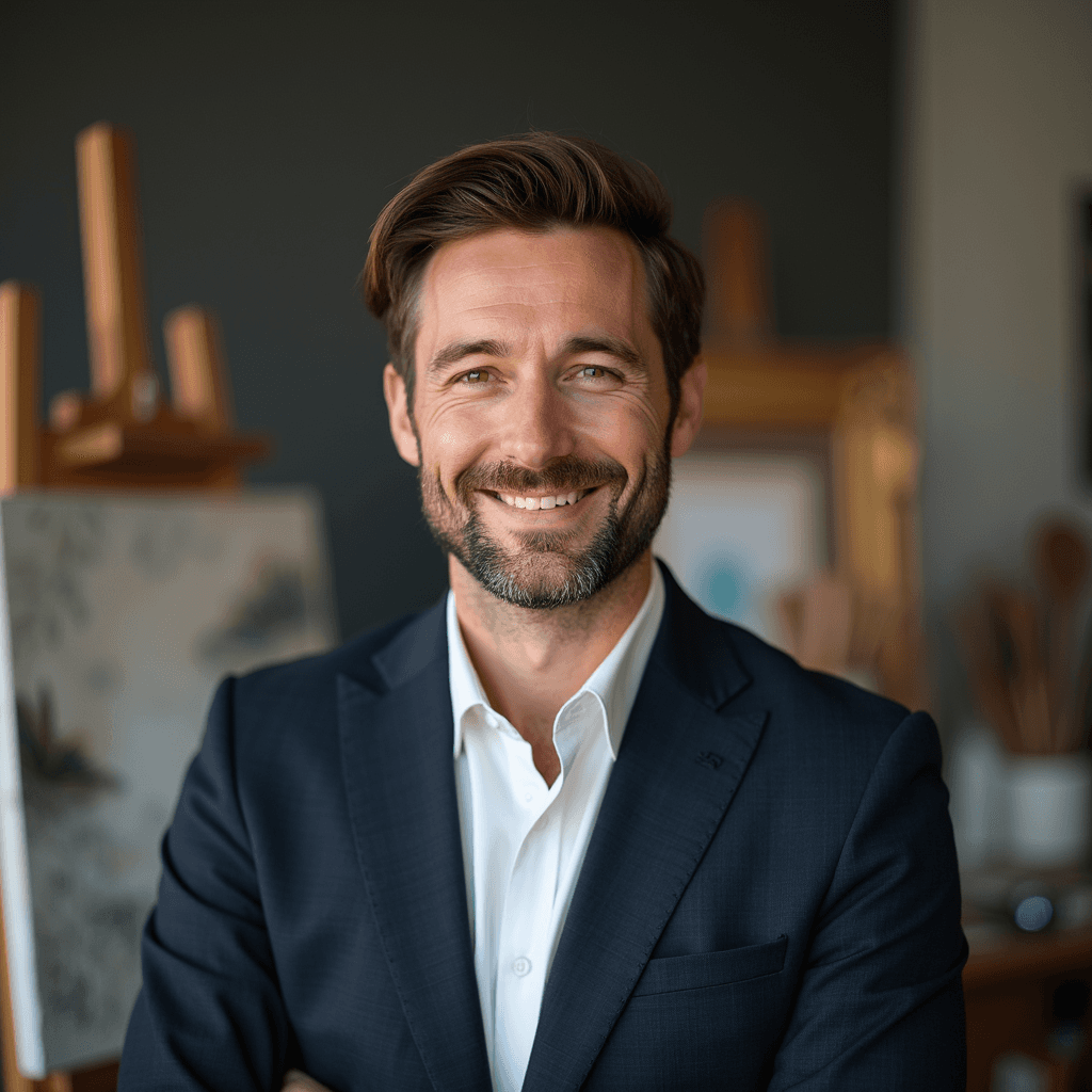 Professional AI headshot with art studio with canvas and creative tools background