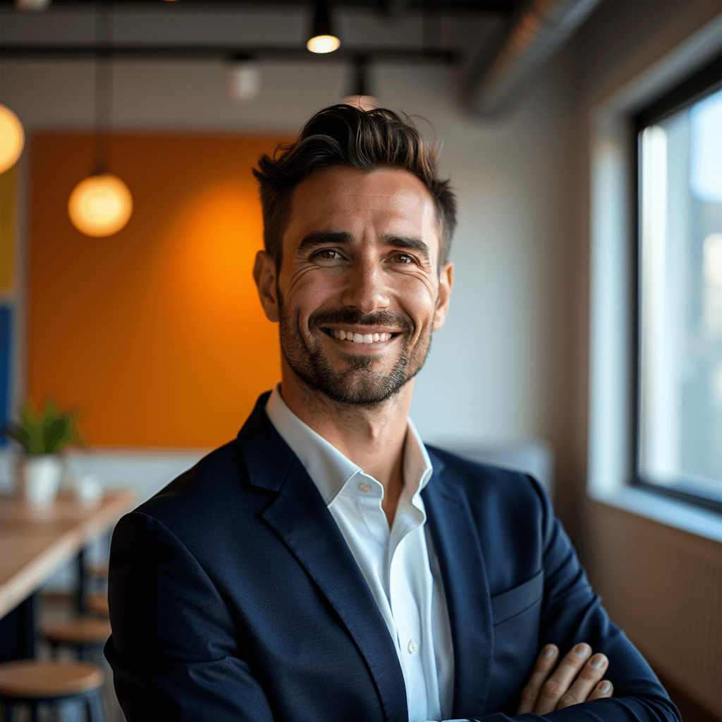 Professional AI headshot with co-working space with colorful design elements background