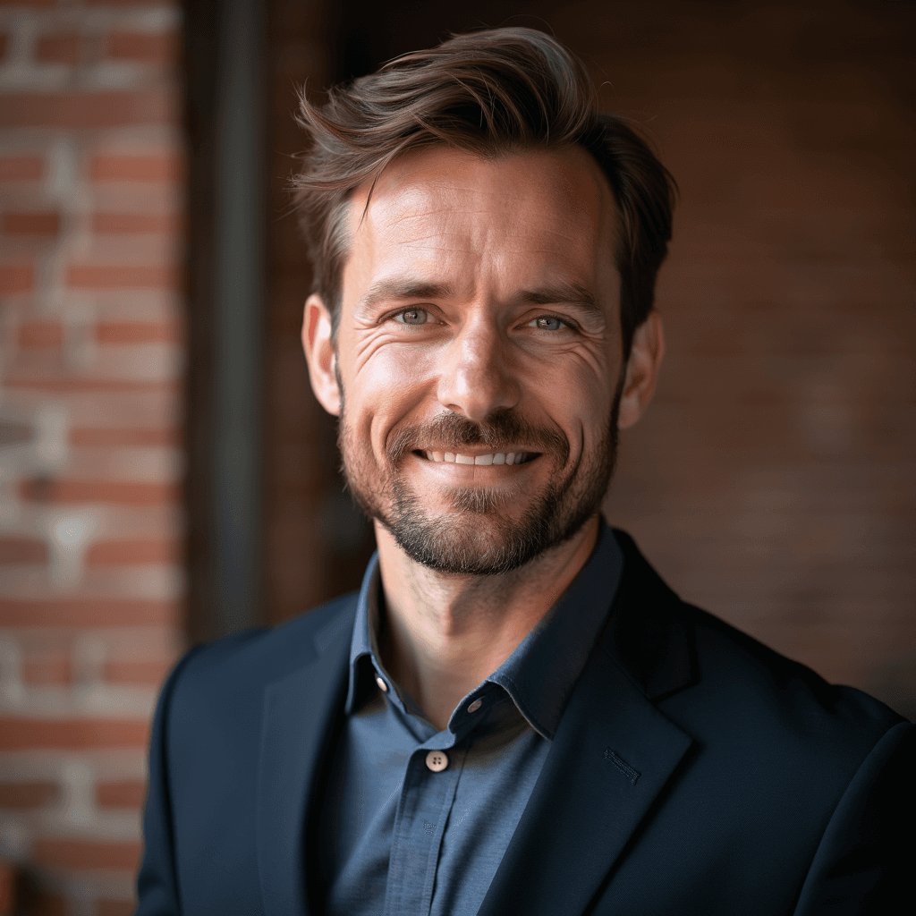 Professional AI headshot with creative loft with exposed brick wall texture background