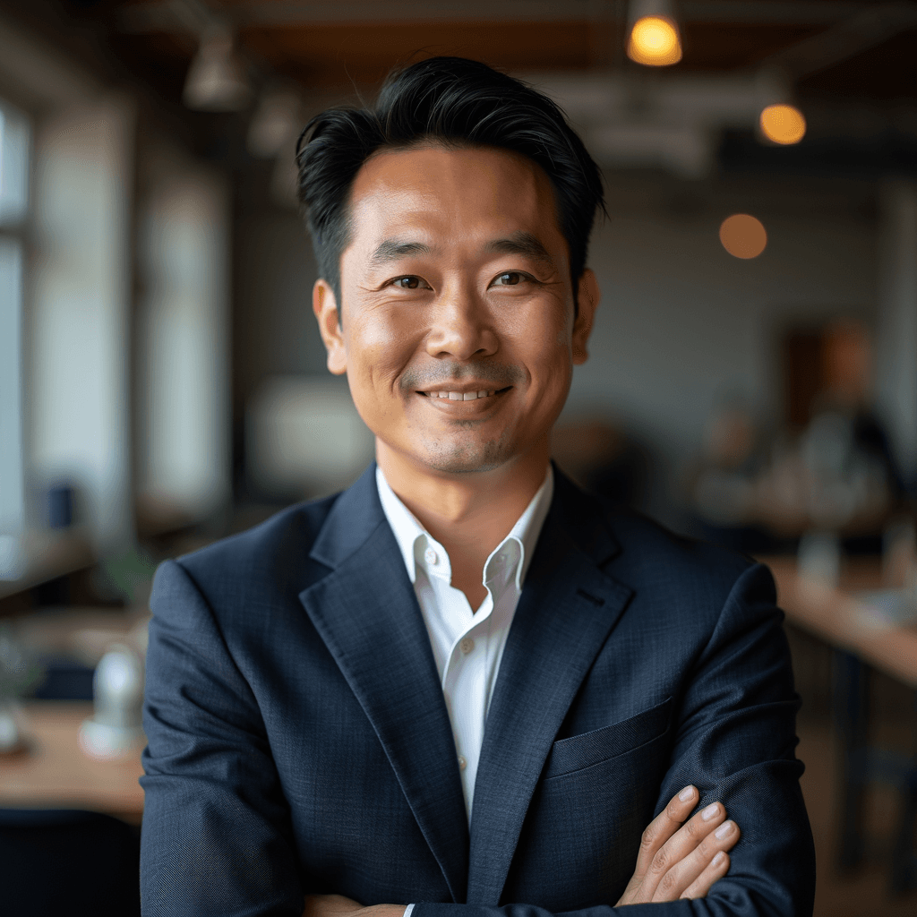 Professional AI headshot with loft interior with industrial and creative elements background