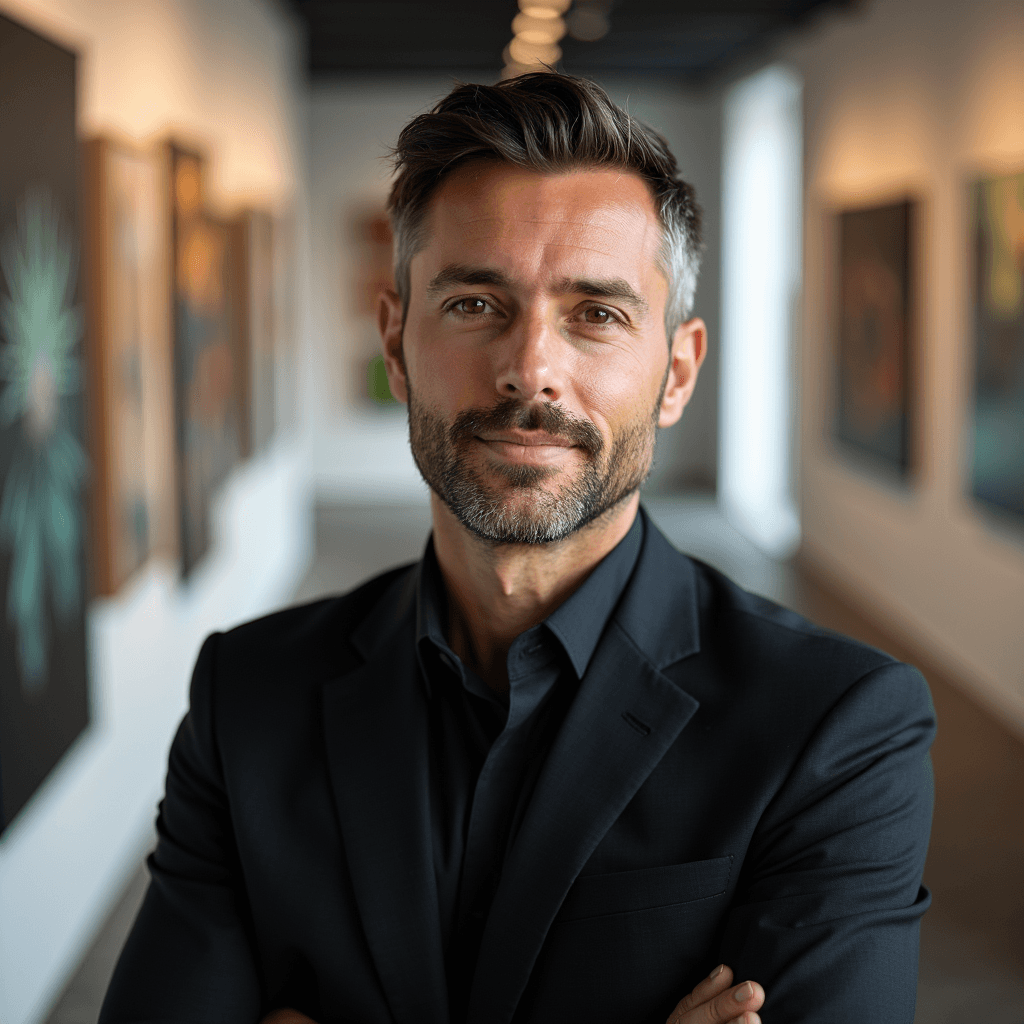 Professional AI headshot with modern gallery space with artistic ambiance background