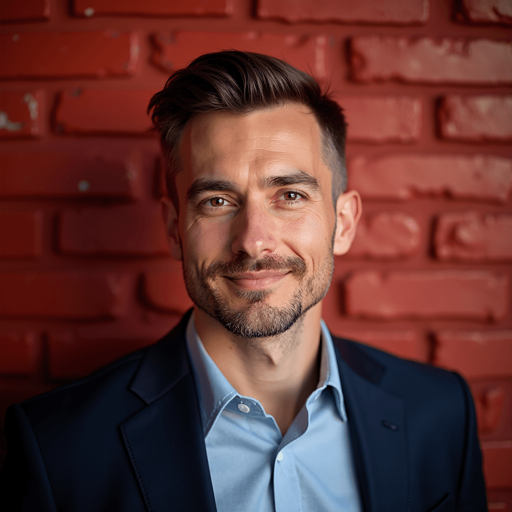 Professional AI headshot with red brick wall with artistic urban character background