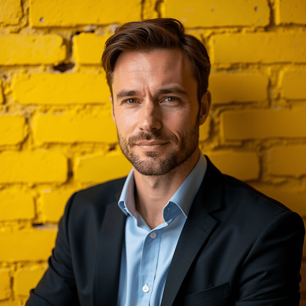 Professional AI headshot with yellow brick wall with vintage charm background