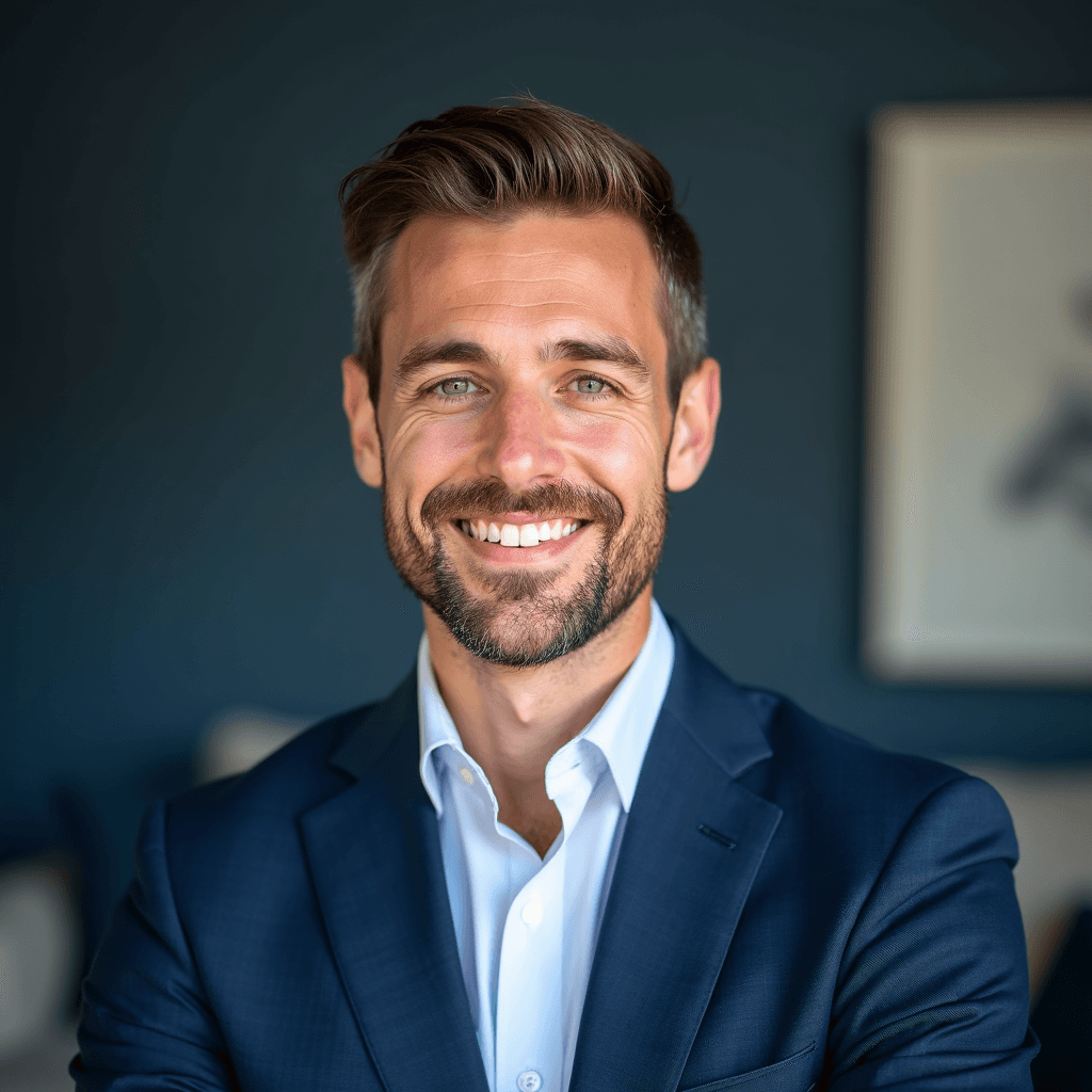 Professional AI headshot with blue home with residential comfort and style background