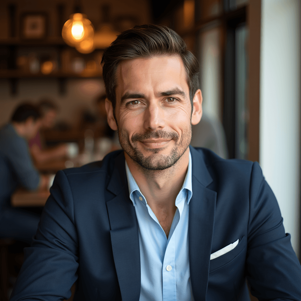 Professional AI headshot with cafe setting with cozy coffee shop atmosphere background