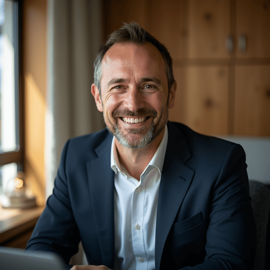 Professional AI headshot with comfortable home workspace with warm atmosphere background