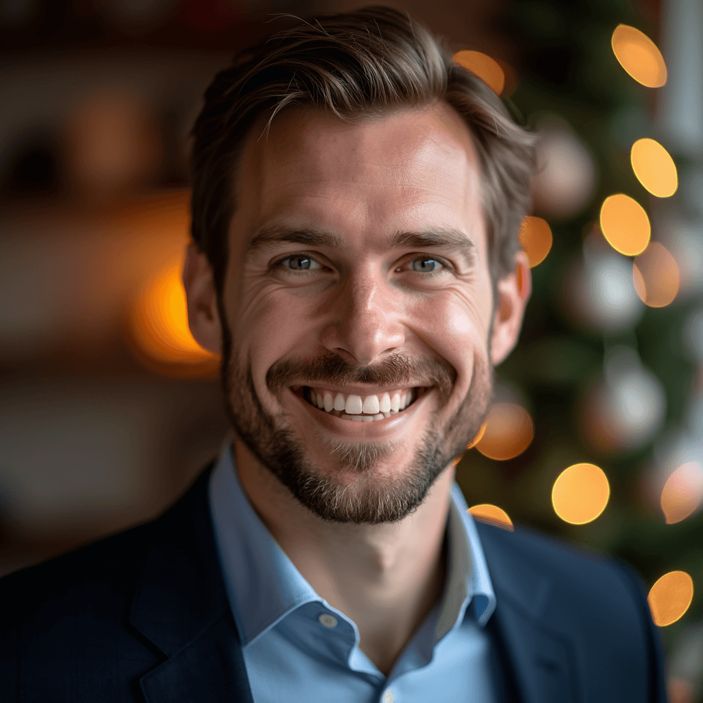 Professional AI headshot with cozy christmas setting with holiday warmth background