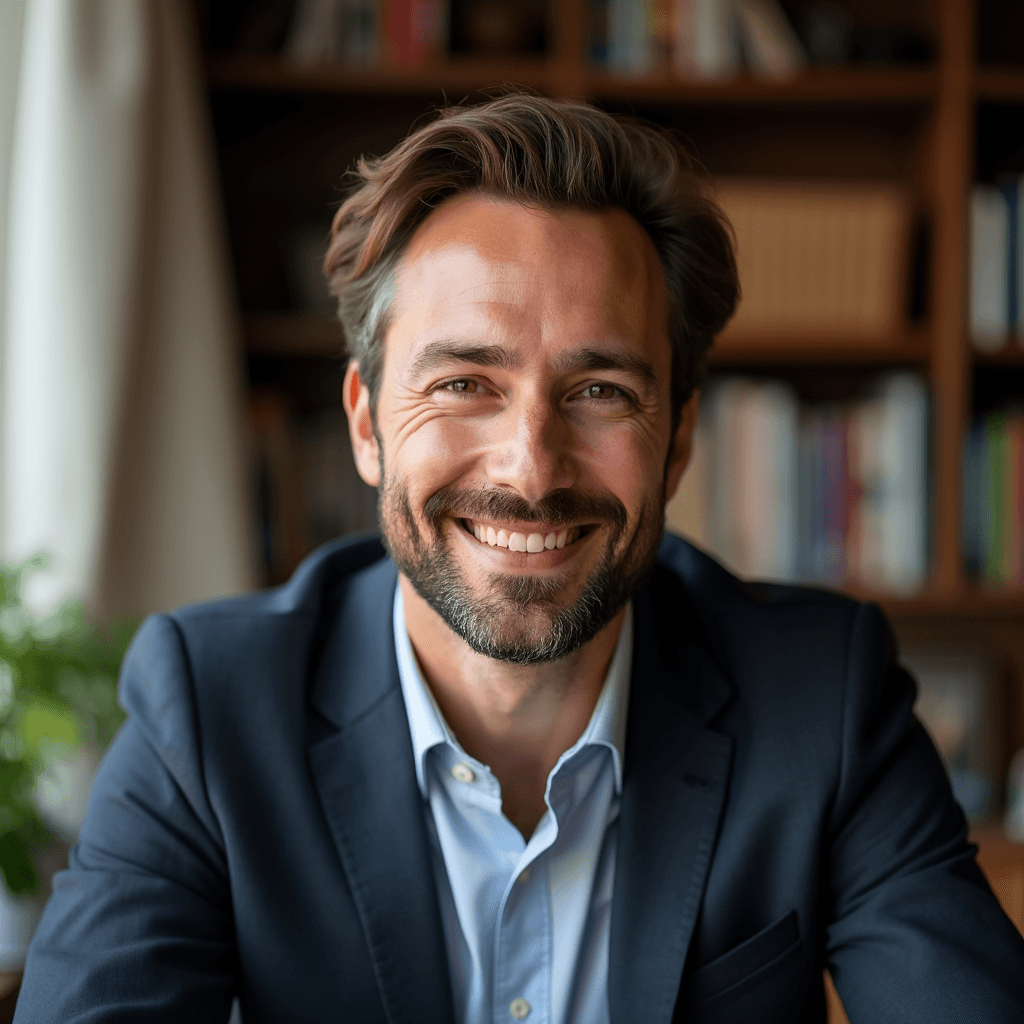 Professional AI headshot with cozy home office with bookshelf and personal touches background