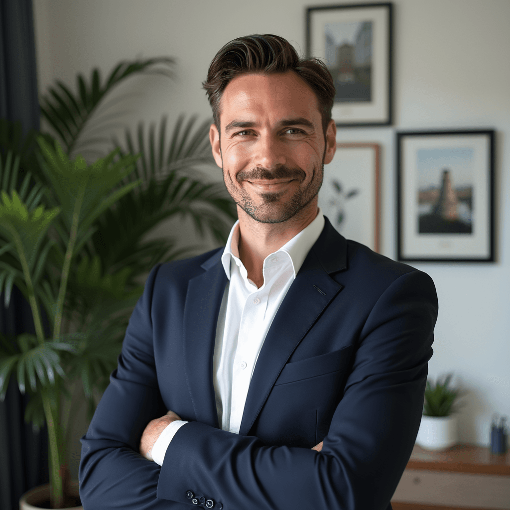 Professional AI headshot with home study with plants and framed photos in background background