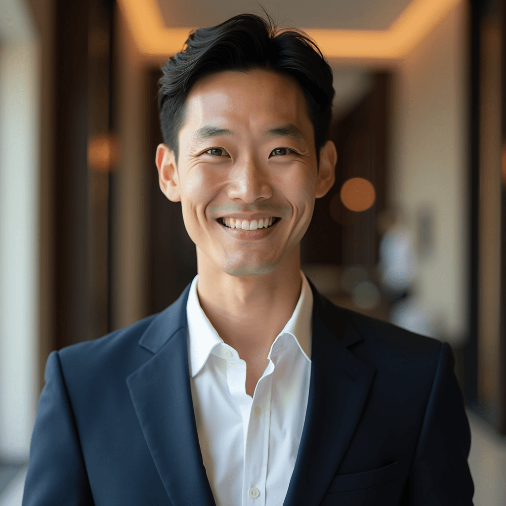 Professional AI headshot with hotel lobby with upscale hospitality design background