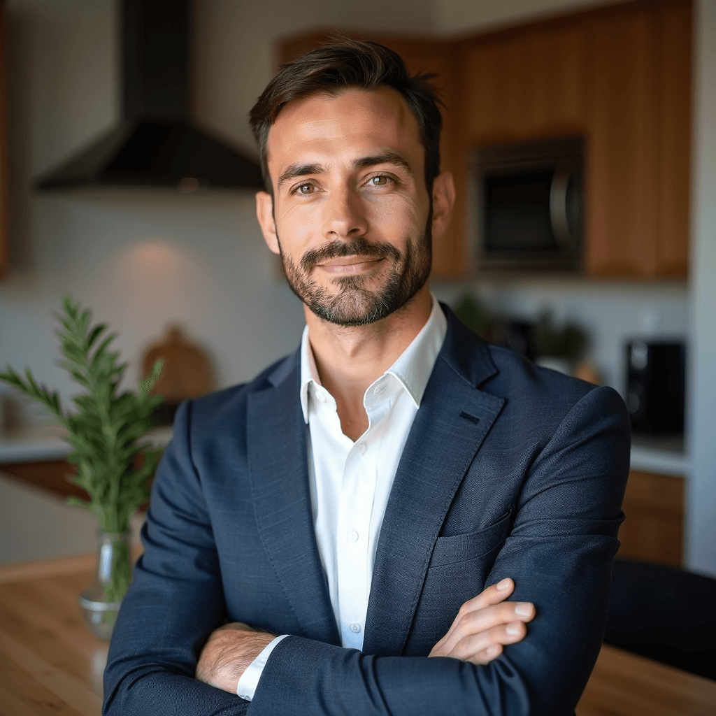 Professional AI headshot with kitchen background with residential warmth background