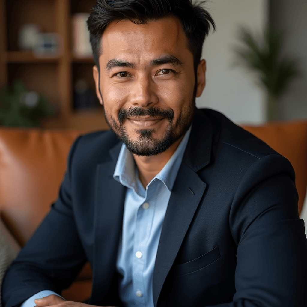 Professional AI headshot with leather couch with comfortable living room atmosphere background