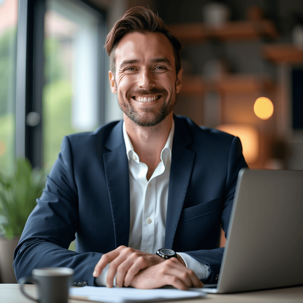 Professional AI headshot with modern work-from-home desk setup background