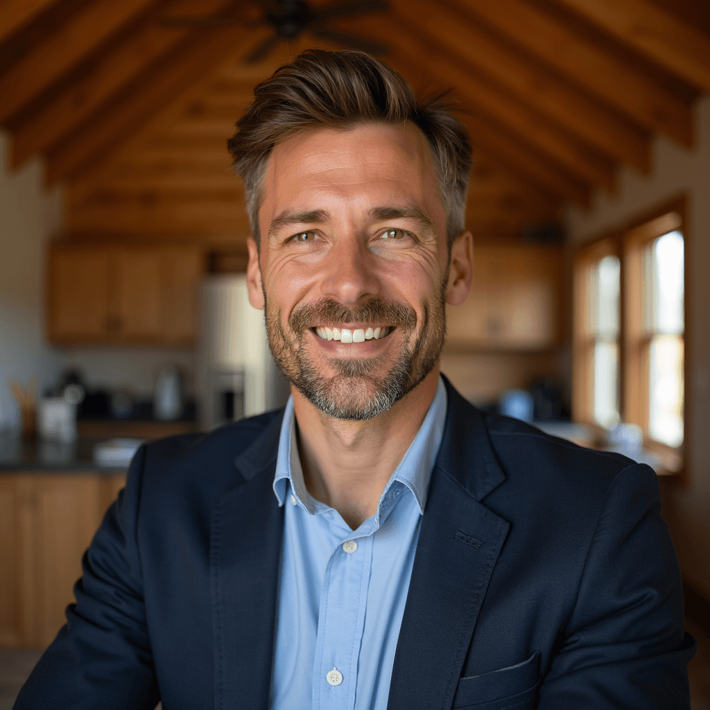 Professional AI headshot with pine home with rustic cabin atmosphere background