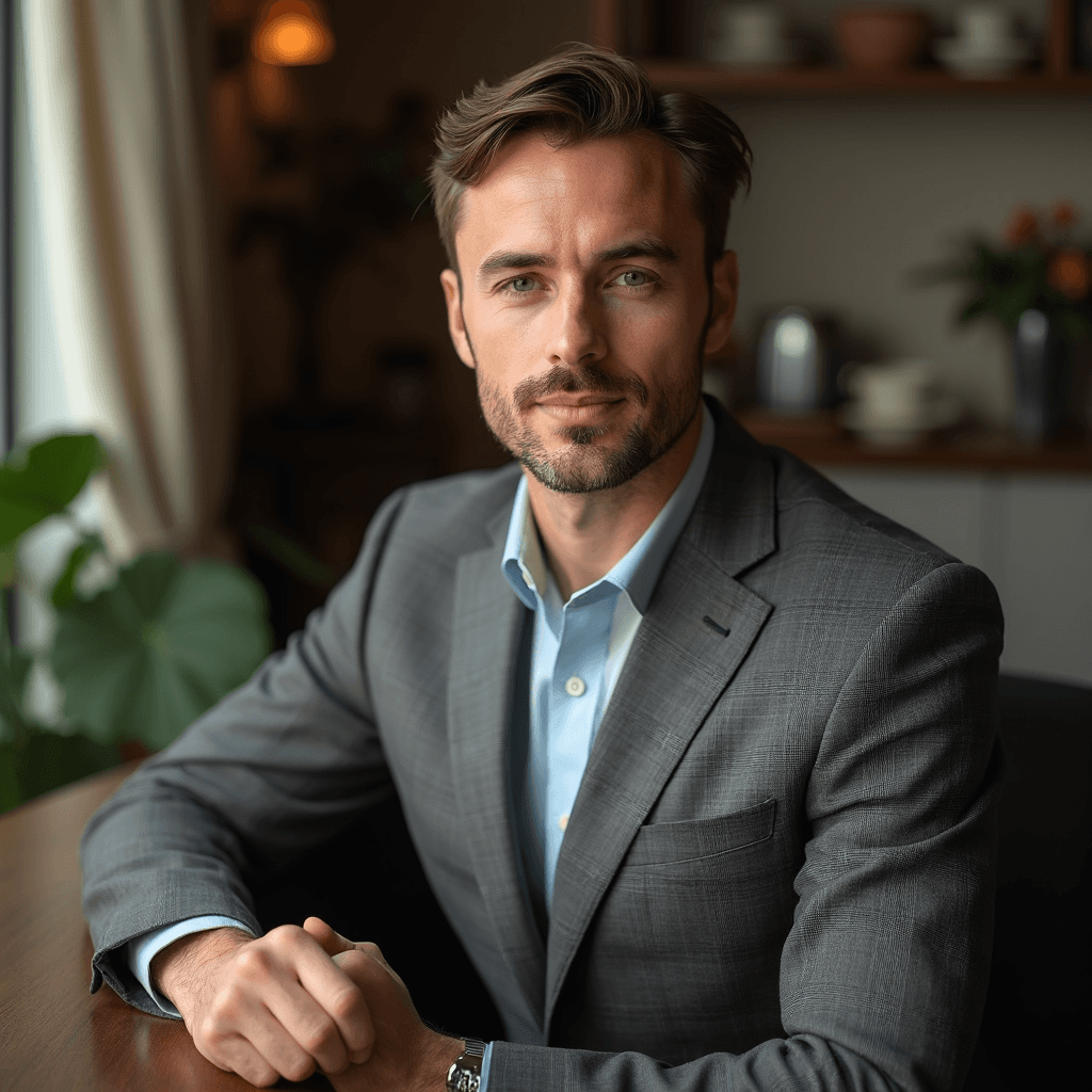 Professional AI headshot with tea time backdrop with elegant afternoon setting background