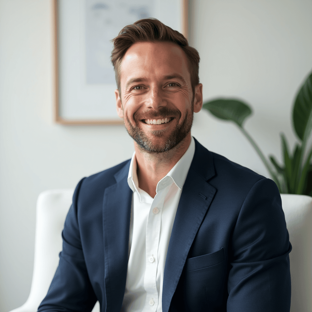 Professional AI headshot with white chair setting with clean minimalist design background
