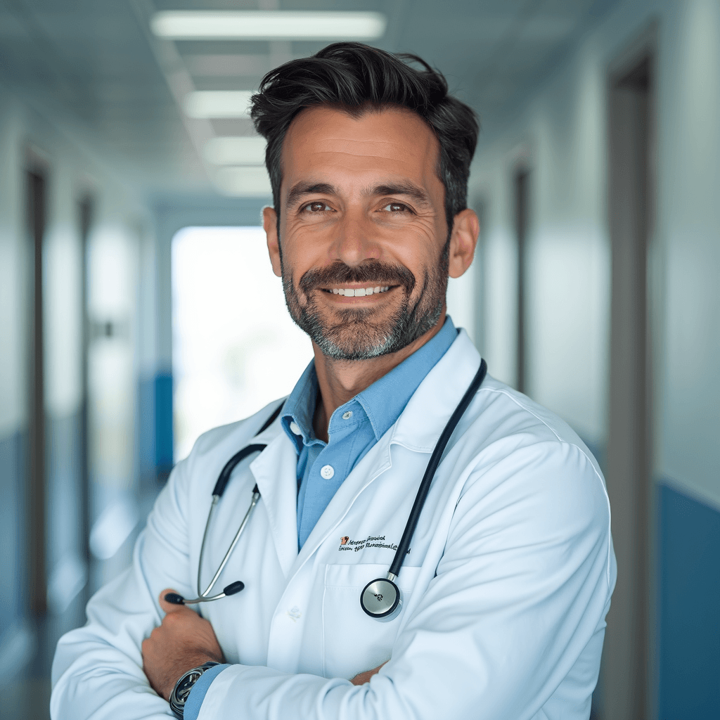 Professional AI headshot with hospital corridor with clean environment softly blurred background